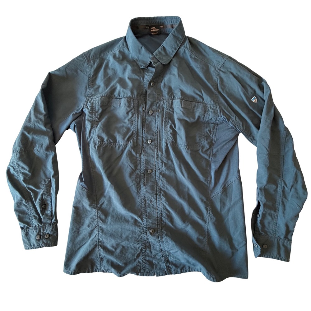 Kuhl Mens Long Sleeve Technical Hiking Shirt Blue Gray Pockets Large